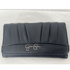 Jessica Simpson Black Pleated Trifold Wallet Leopard Print Interior Silver Logo